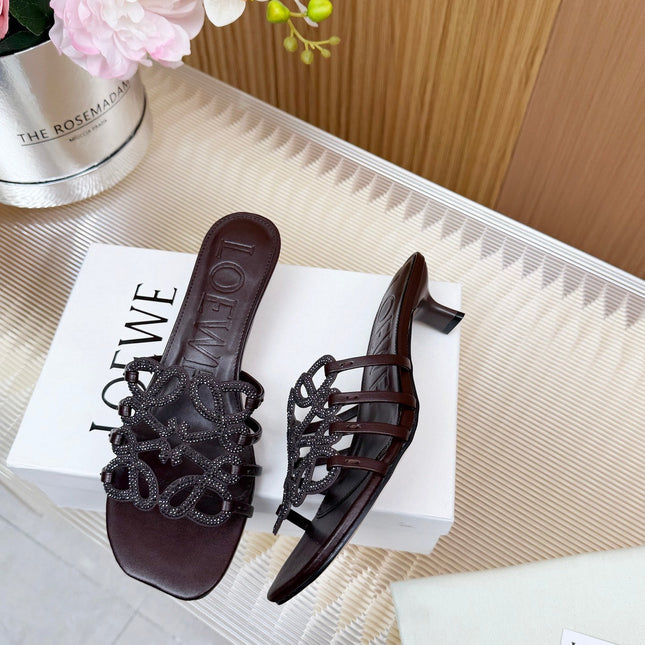 LOEWE 26S PETAL ANAGRAM SLIDE 45MM IN DARK BROWN SOFT CALFSKIN WITH CRYSTALS