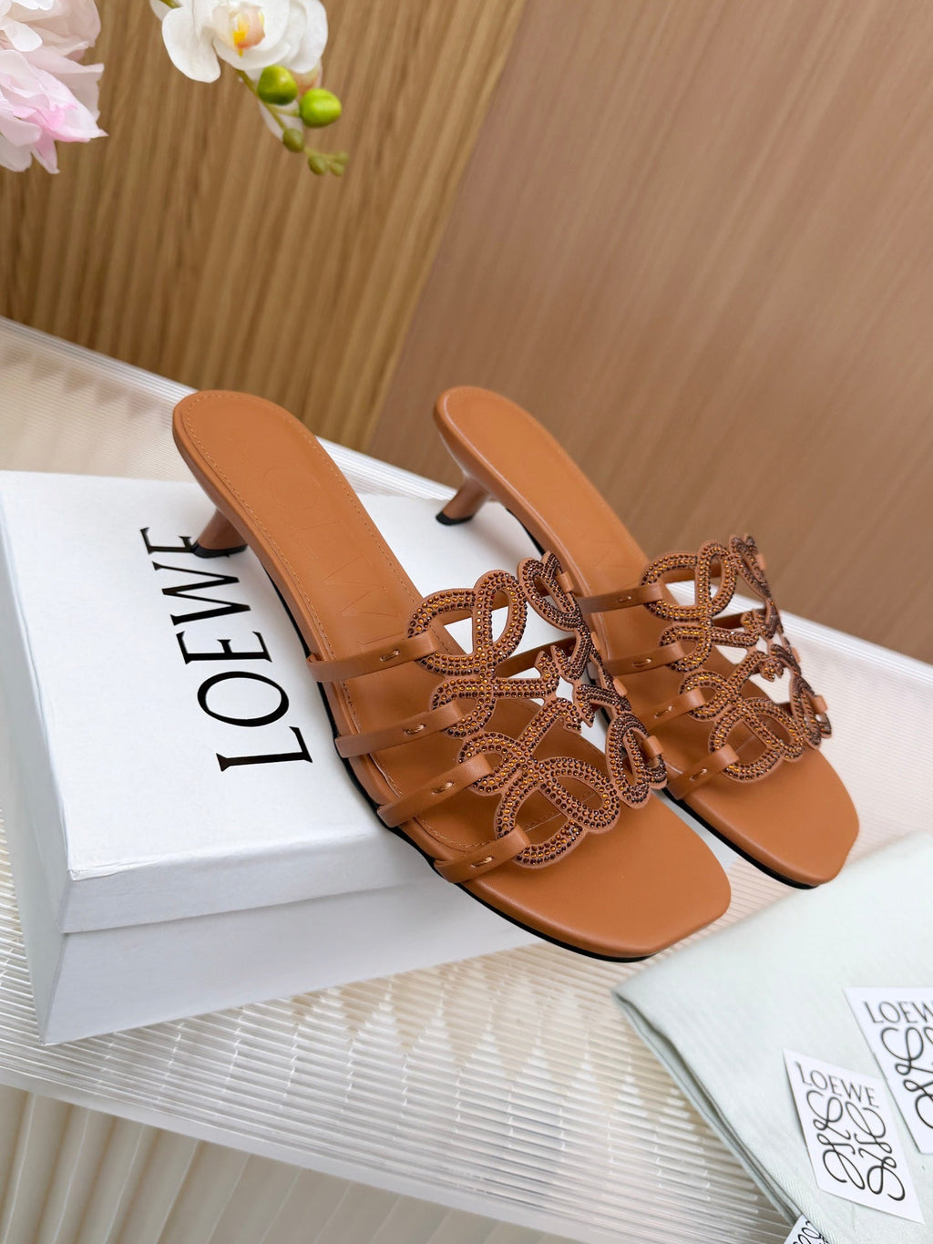 LOEWE 26S PETAL ANAGRAM SLIDE 45MM IN BURNT ORANGE SOFT CALFSKIN WITH CRYSTALS