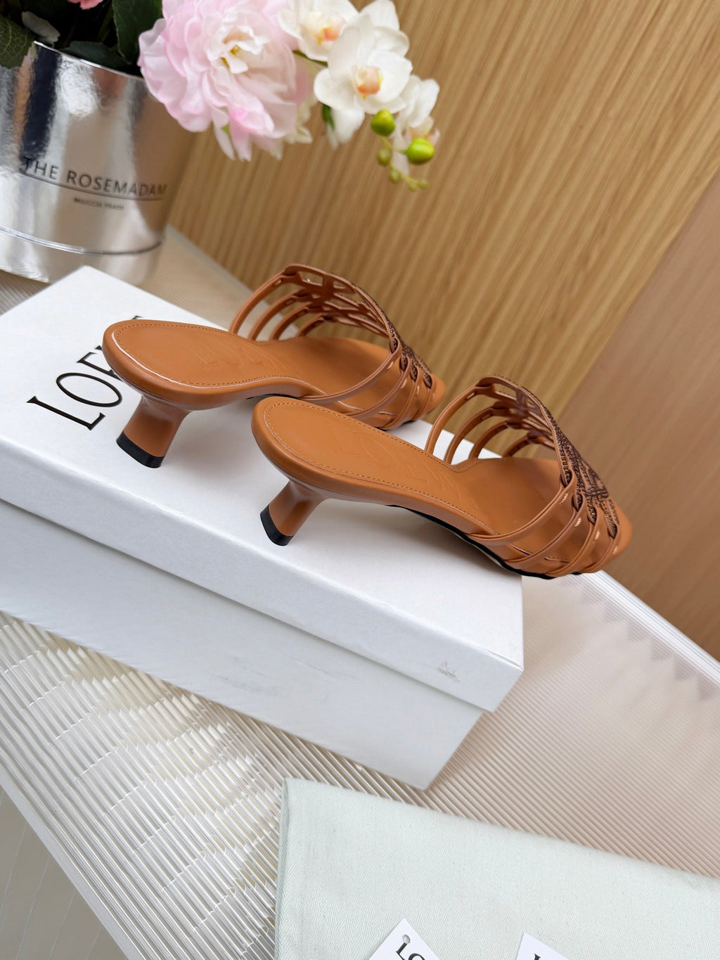 LOEWE 26S PETAL ANAGRAM SLIDE 45MM IN BURNT ORANGE SOFT CALFSKIN WITH CRYSTALS