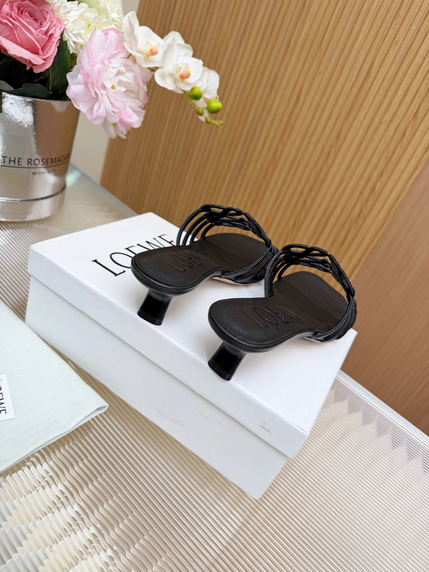 LOEWE 26S PETAL ANAGRAM SLIDE 45MM IN BLACK SOFT CALFSKIN WITH CRYSTALS