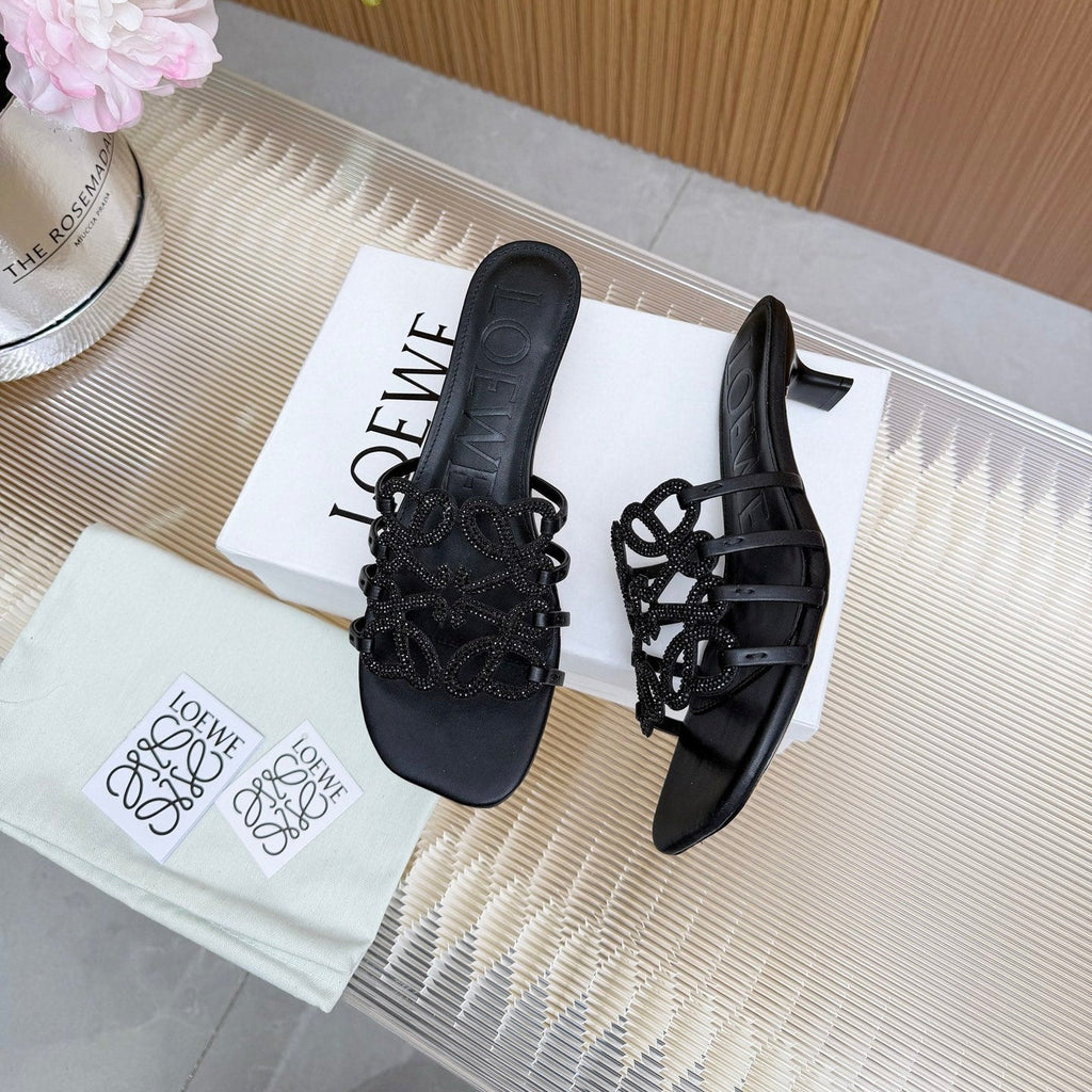 LOEWE 26S PETAL ANAGRAM SLIDE 45MM IN BLACK SOFT CALFSKIN WITH CRYSTALS