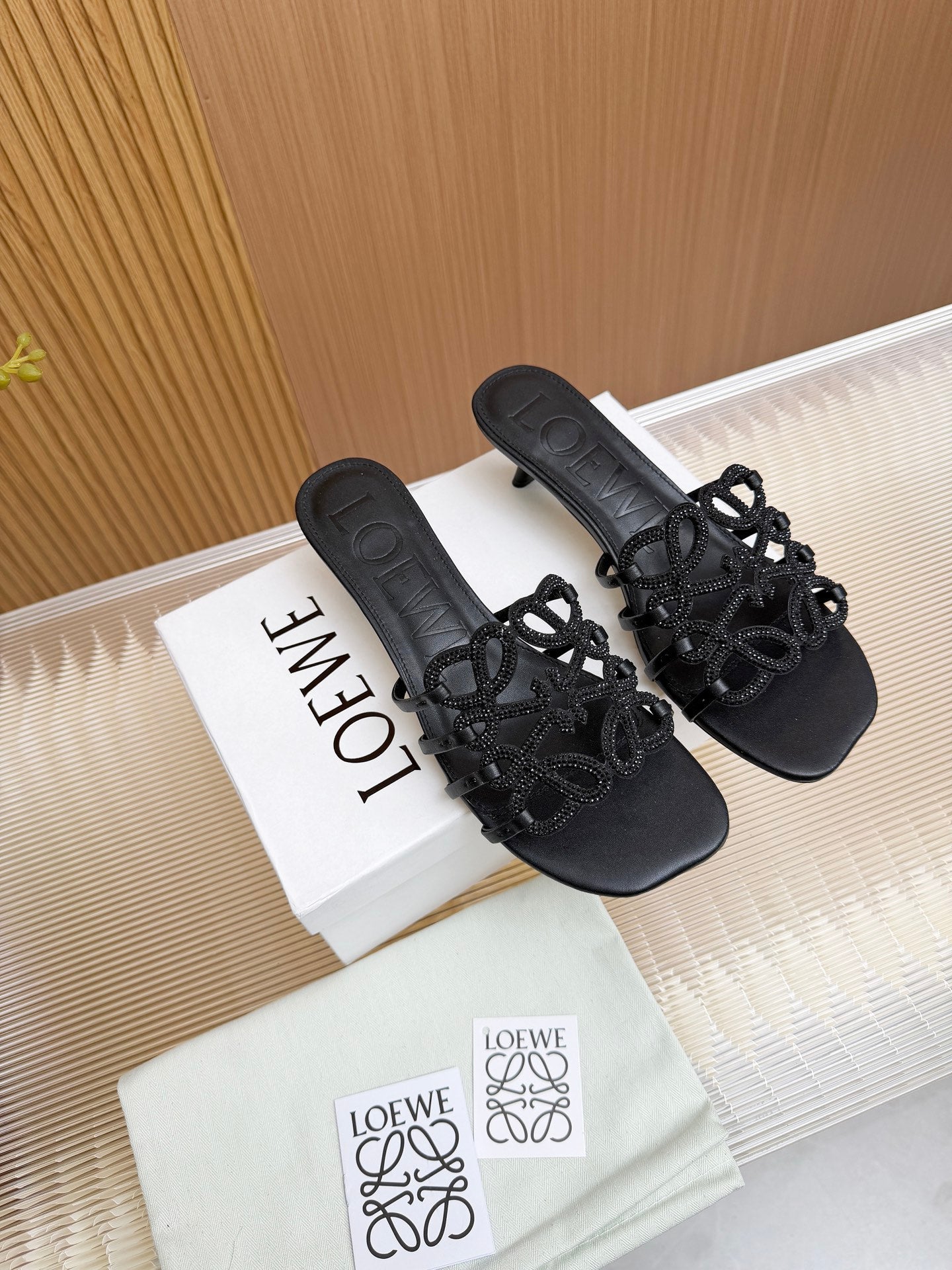 LOEWE 26S PETAL ANAGRAM SLIDE 45MM IN BLACK SOFT CALFSKIN WITH CRYSTALS