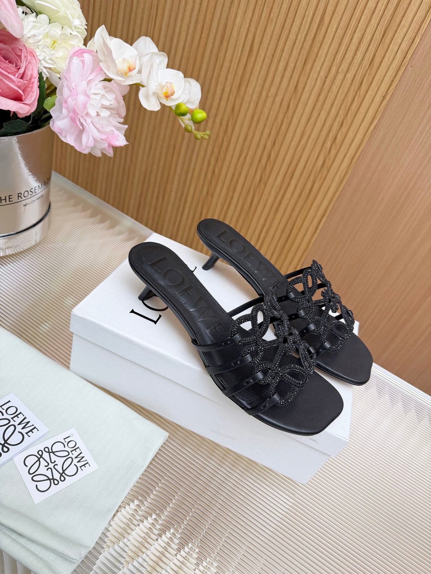 LOEWE 26S PETAL ANAGRAM SLIDE 45MM IN BLACK SOFT CALFSKIN WITH CRYSTALS