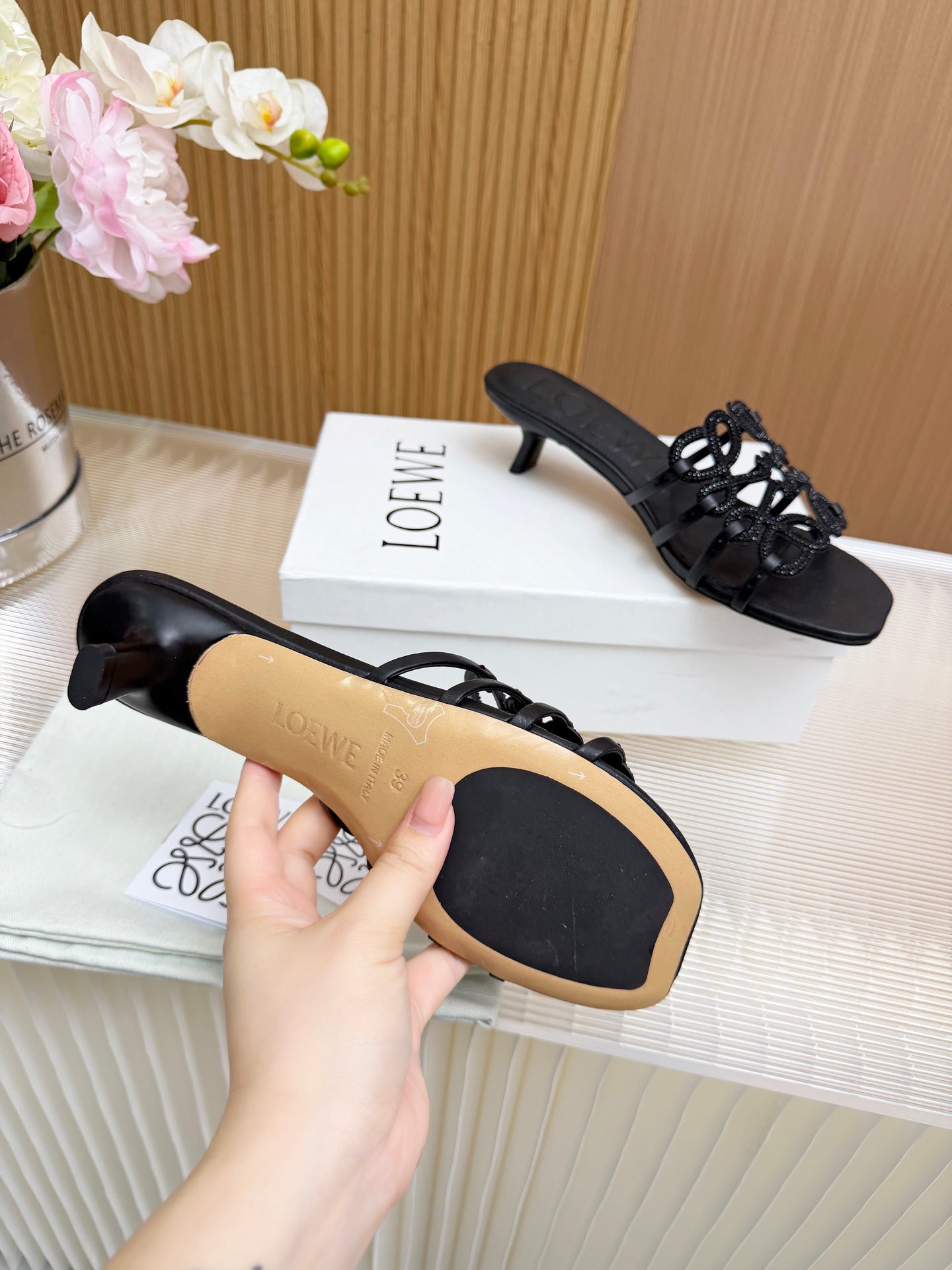 LOEWE 26S PETAL ANAGRAM SLIDE 45MM IN BLACK SOFT CALFSKIN WITH CRYSTALS