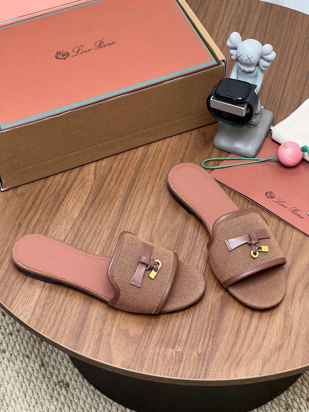 LP 26S SLIDES IN LIGHT BROWN CANVAS AND CALFSKIN