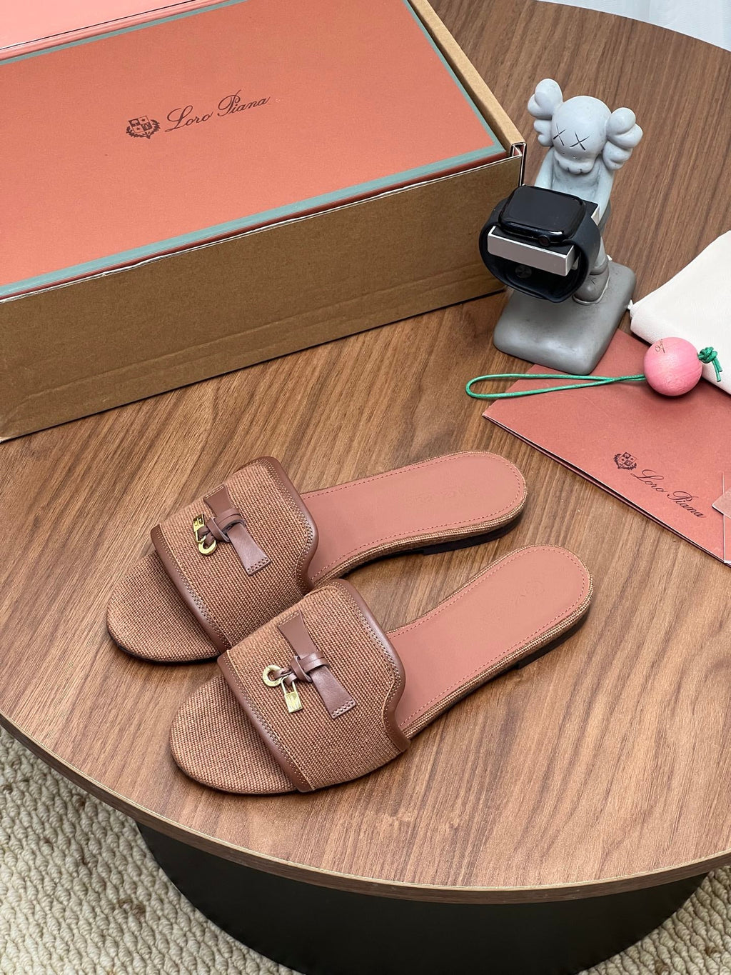 LP 26S SLIDES IN LIGHT BROWN CANVAS AND CALFSKIN