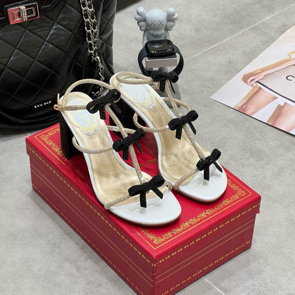 RENE CAOVILLA 26S HEELED SANDALS 85 MM IN BEIGE AND WHITE LAMBSKIN WITH BOW