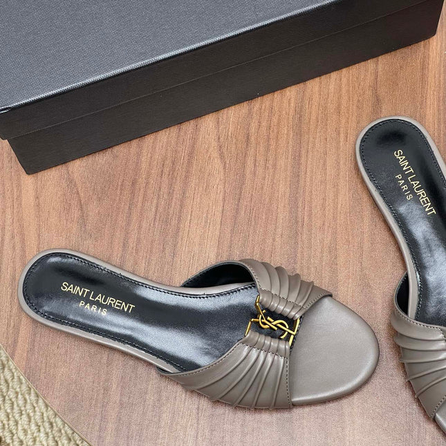 YSL 26S SLIDES IN DARK GREY CALFSKIN