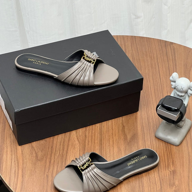 YSL 26S SLIDES IN DARK GREY CALFSKIN