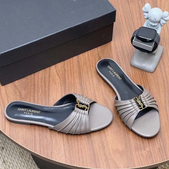 YSL 26S SLIDES IN DARK GREY CALFSKIN