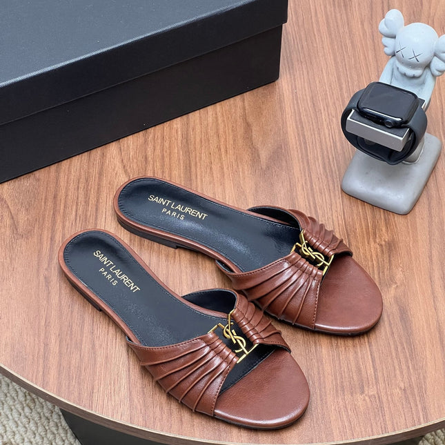 YSL 26S SLIDES IN DARK BROWN CALFSKIN