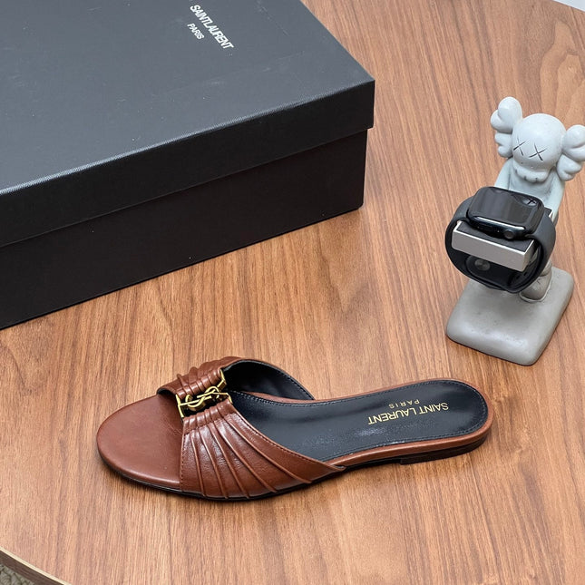 YSL 26S SLIDES IN DARK BROWN CALFSKIN
