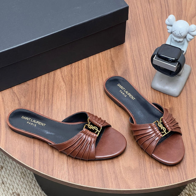 YSL 26S SLIDES IN DARK BROWN CALFSKIN