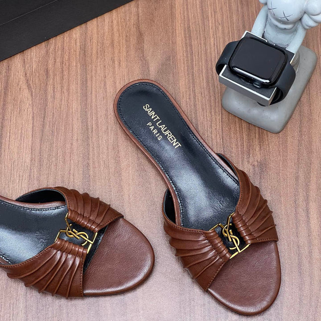 YSL 26S SLIDES IN DARK BROWN CALFSKIN