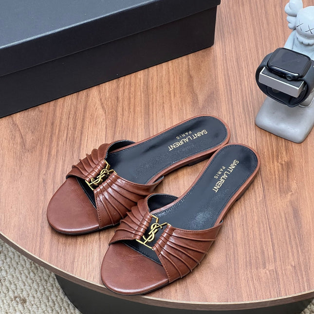 YSL 26S SLIDES IN DARK BROWN CALFSKIN