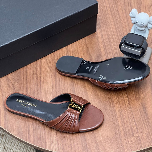 YSL 26S SLIDES IN DARK BROWN CALFSKIN