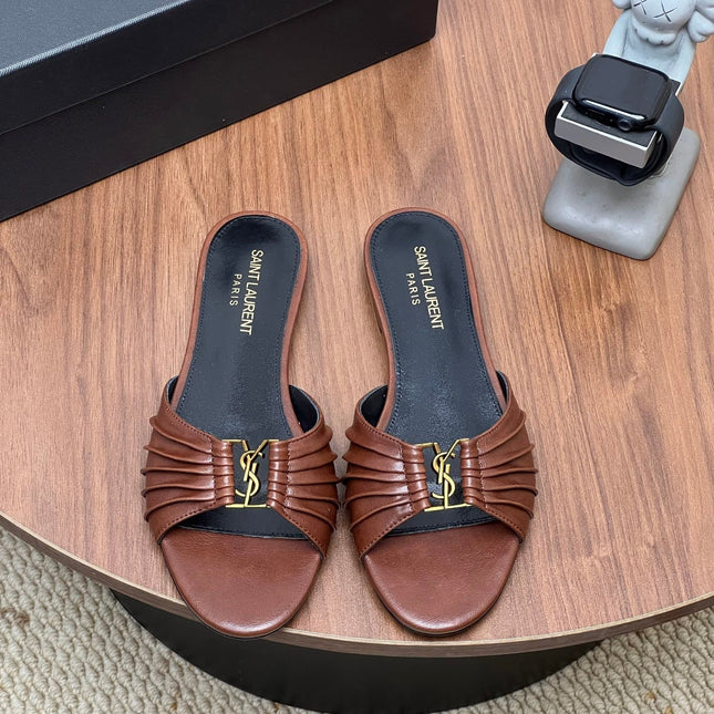 YSL 26S SLIDES IN DARK BROWN CALFSKIN