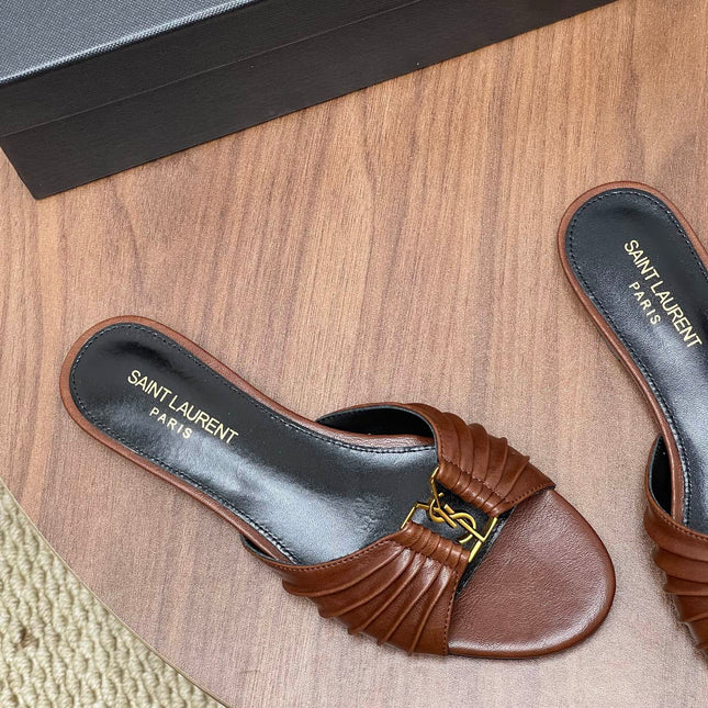 YSL 26S SLIDES IN DARK BROWN CALFSKIN