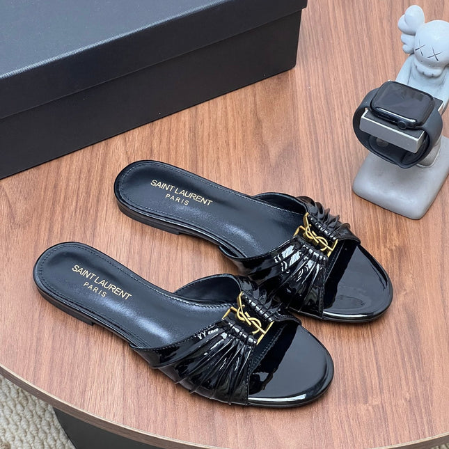 YSL 26S SLIDES IN BLACK GLOSSY CALFSKIN