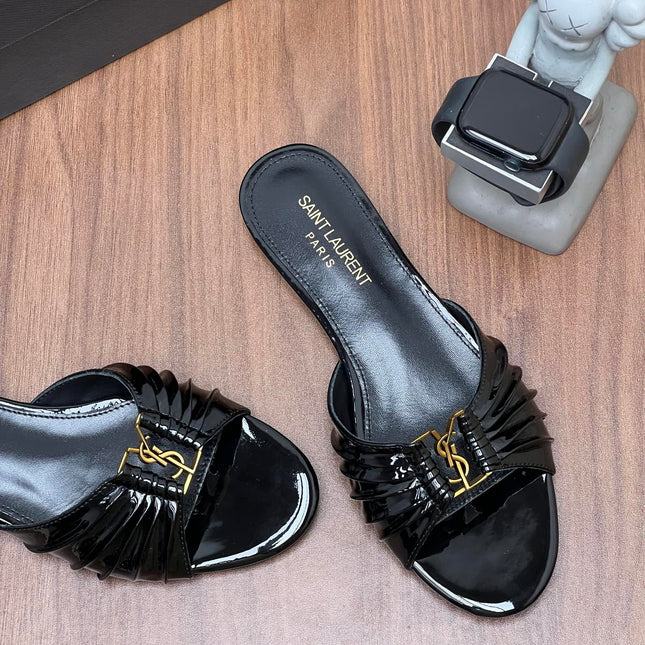 YSL 26S SLIDES IN BLACK GLOSSY CALFSKIN