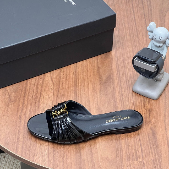 YSL 26S SLIDES IN BLACK GLOSSY CALFSKIN