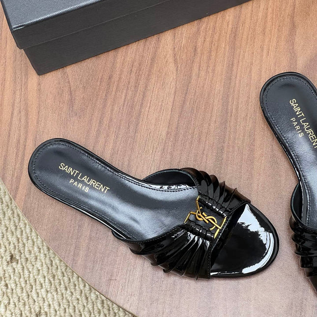 YSL 26S SLIDES IN BLACK GLOSSY CALFSKIN