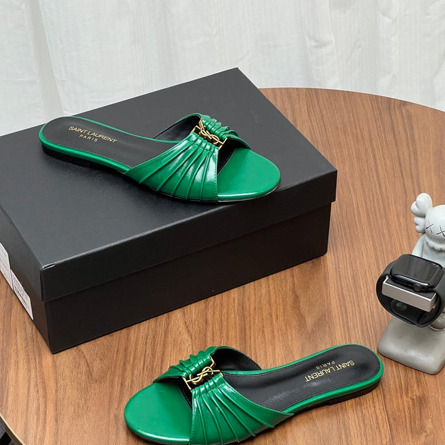 YSL 26S SLIDES IN DARK GREEN CALFSKIN