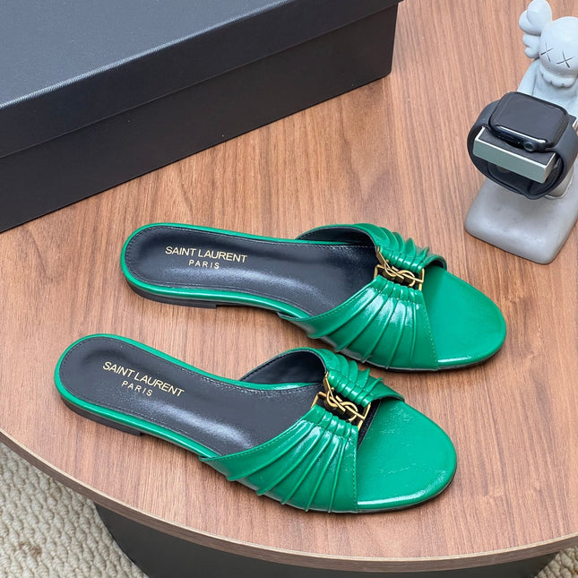 YSL 26S SLIDES IN DARK GREEN CALFSKIN