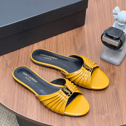 YSL 26S SLIDES IN MUSTARD YELLOW CALFSKIN