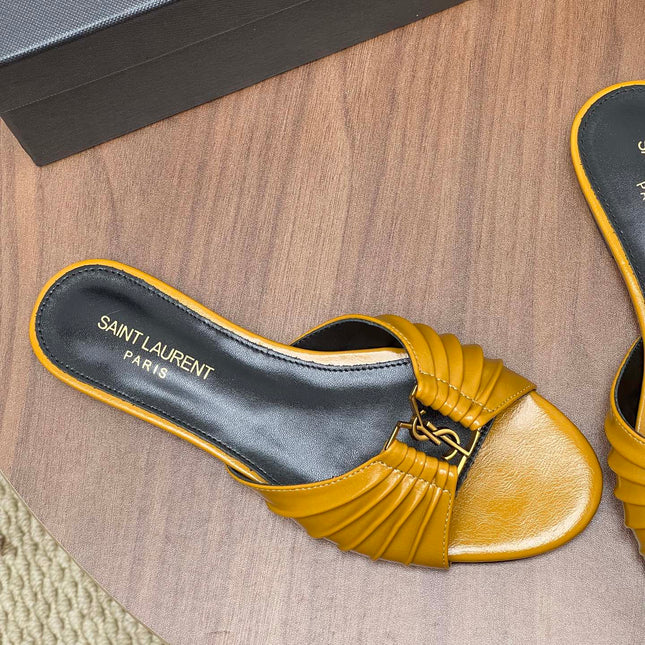YSL 26S SLIDES IN MUSTARD YELLOW CALFSKIN