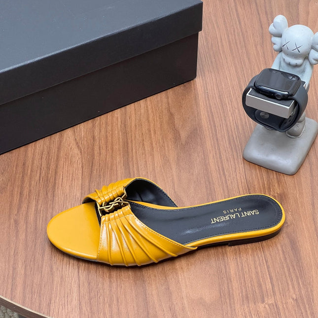 YSL 26S SLIDES IN MUSTARD YELLOW CALFSKIN