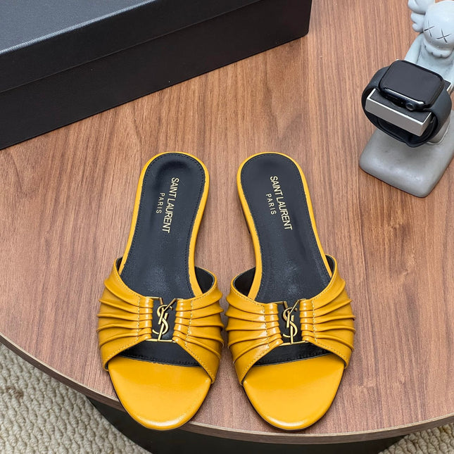YSL 26S SLIDES IN MUSTARD YELLOW CALFSKIN