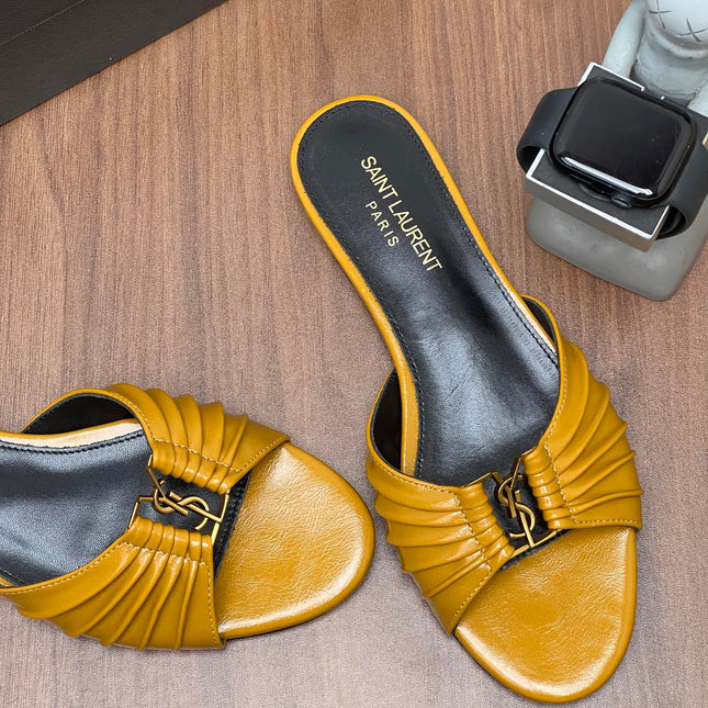 YSL 26S SLIDES IN MUSTARD YELLOW CALFSKIN