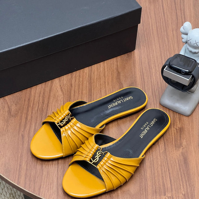 YSL 26S SLIDES IN MUSTARD YELLOW CALFSKIN