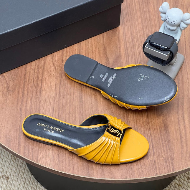YSL 26S SLIDES IN MUSTARD YELLOW CALFSKIN
