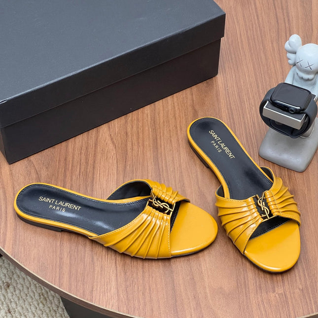 YSL 26S SLIDES IN MUSTARD YELLOW CALFSKIN