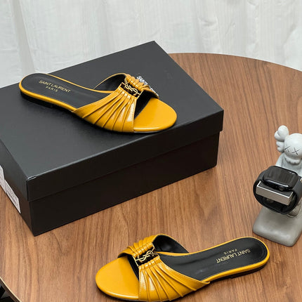YSL 26S SLIDES IN MUSTARD YELLOW CALFSKIN