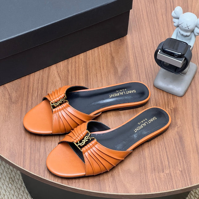 YSL 26S SLIDES IN COGNAC BROWN CALFSKIN