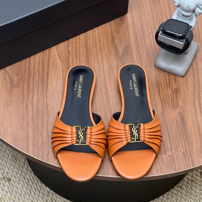YSL 26S SLIDES IN COGNAC BROWN CALFSKIN