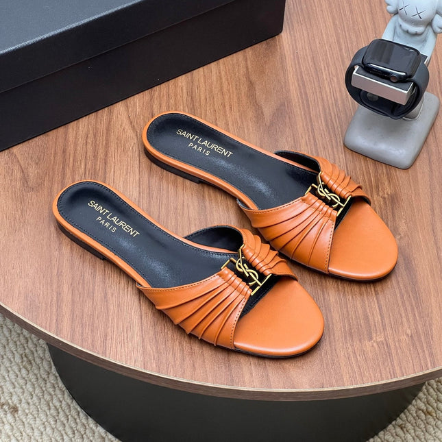 YSL 26S SLIDES IN COGNAC BROWN CALFSKIN