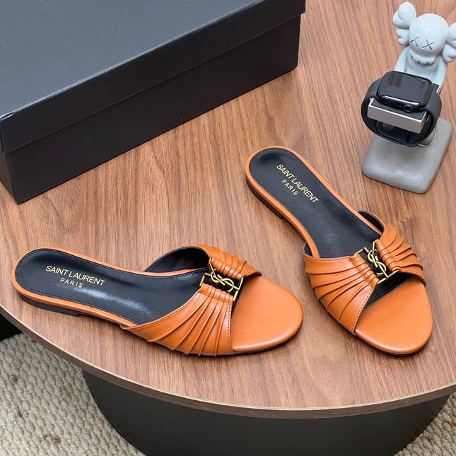 YSL 26S SLIDES IN COGNAC BROWN CALFSKIN