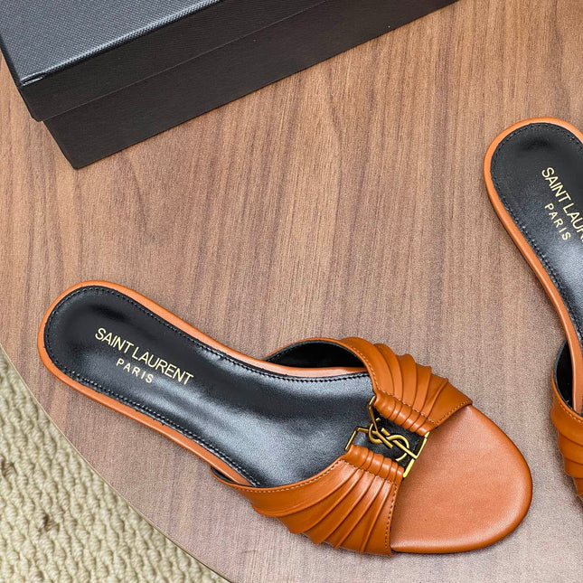 YSL 26S SLIDES IN COGNAC BROWN CALFSKIN