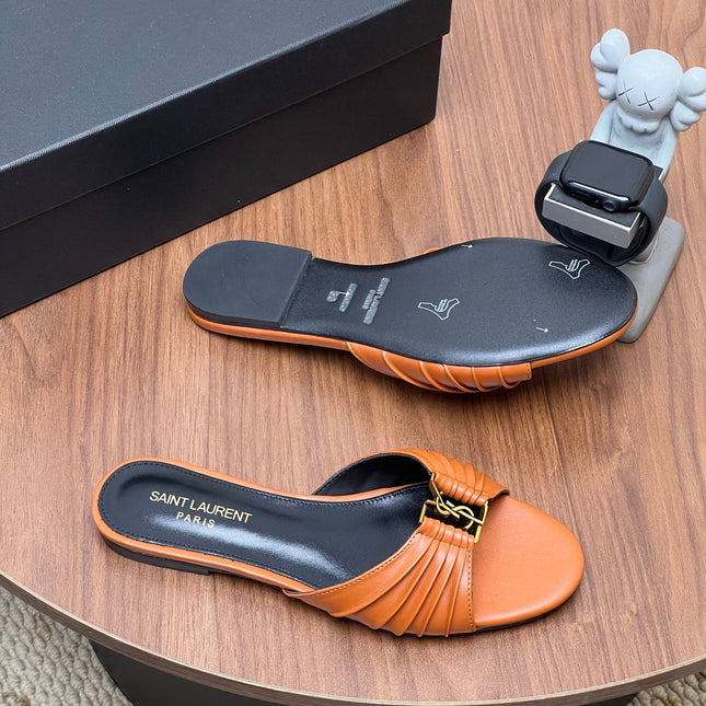 YSL 26S SLIDES IN COGNAC BROWN CALFSKIN