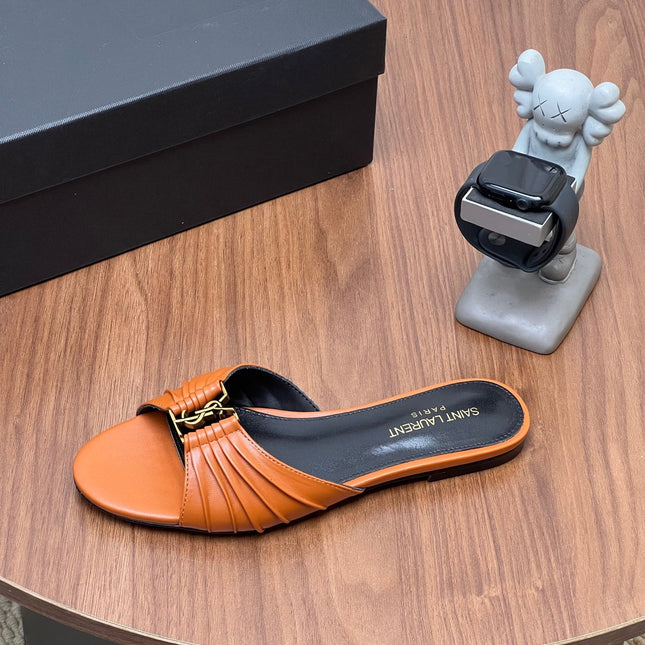 YSL 26S SLIDES IN COGNAC BROWN CALFSKIN