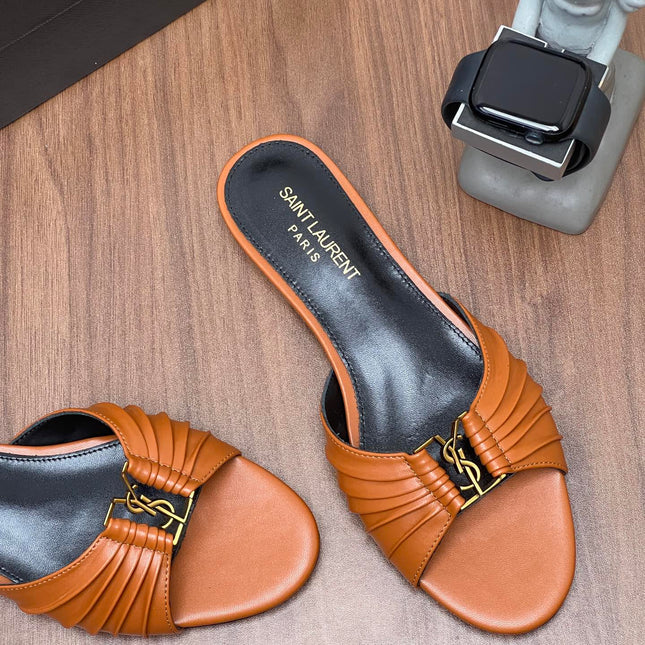 YSL 26S SLIDES IN COGNAC BROWN CALFSKIN