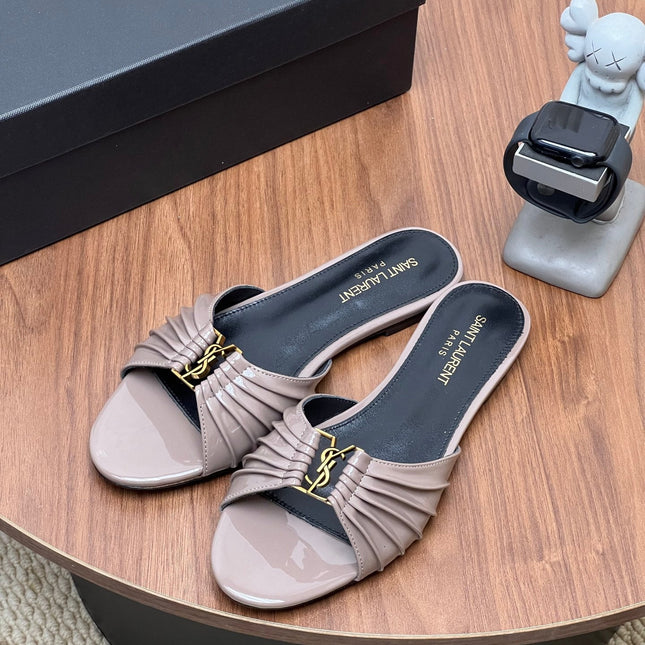 YSL 26S SLIDES IN DUSTY BEIGE SUEDE