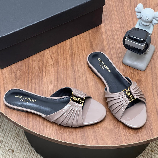 YSL 26S SLIDES IN DUSTY BEIGE SUEDE
