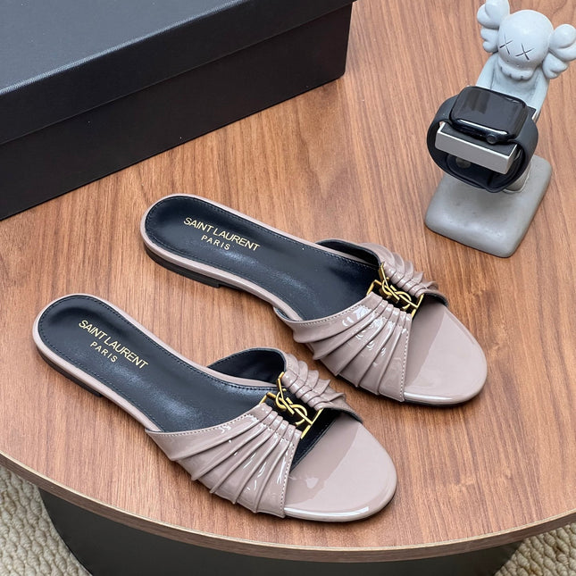 YSL 26S SLIDES IN DUSTY BEIGE SUEDE