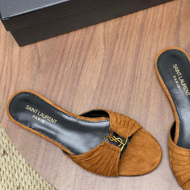 YSL 26S SLIDES IN CAMEL BROWN SUEDE