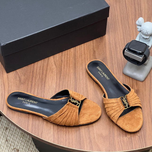 YSL 26S SLIDES IN CAMEL BROWN SUEDE